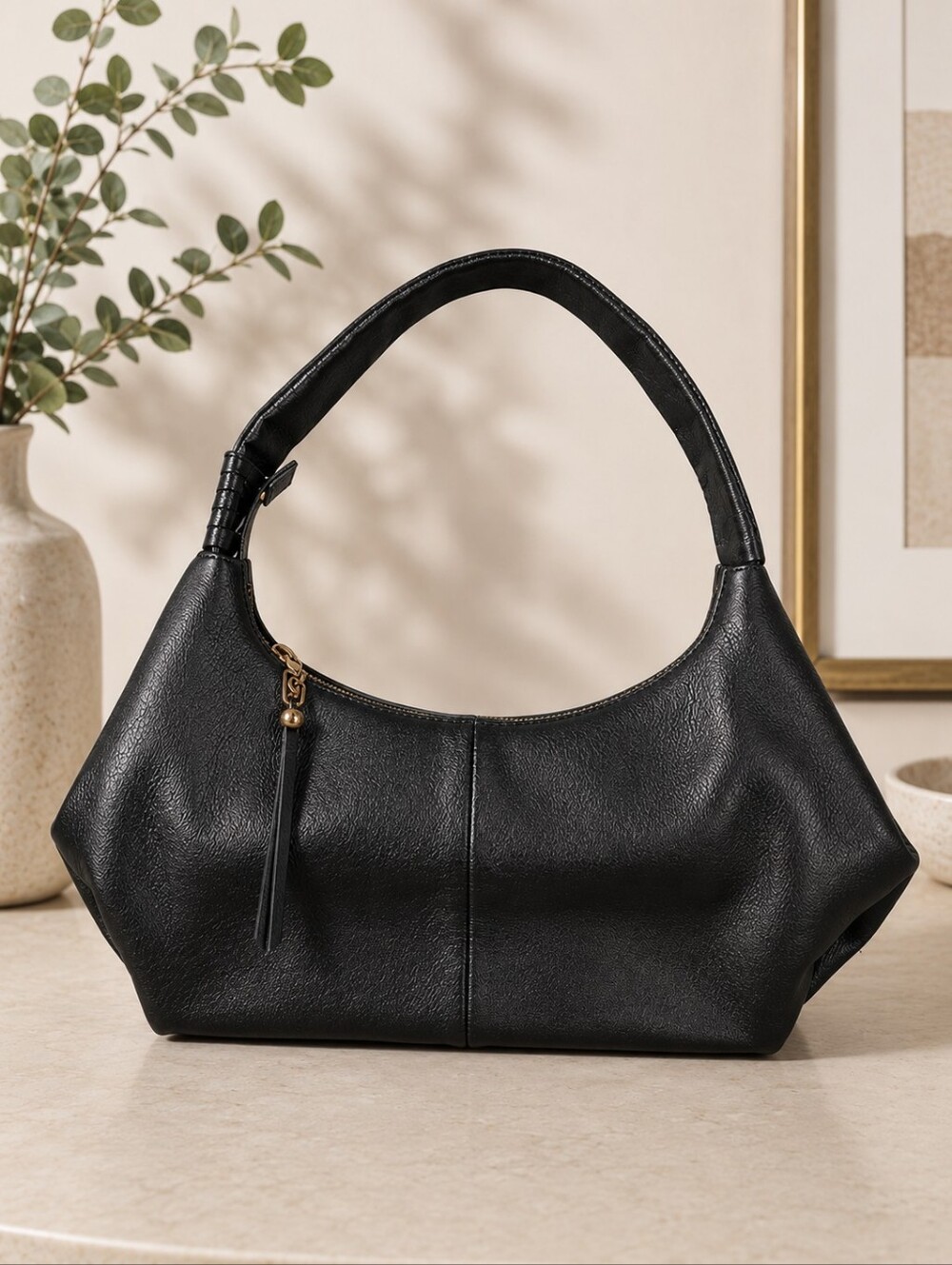 HOBO Black Pebbled Leather Shoulder Bag with Tassel Zip